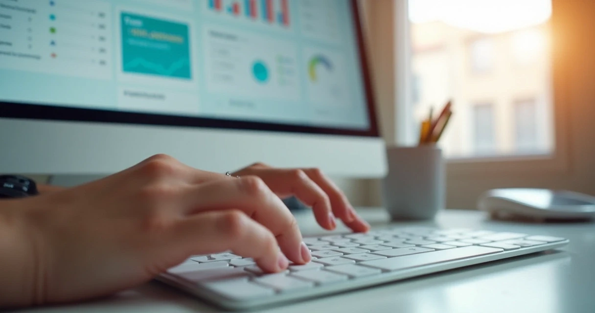 Tela de computador mostrando gráfico de acompanhamento nutricional, mãos digitando no teclado, interface digital moderna 