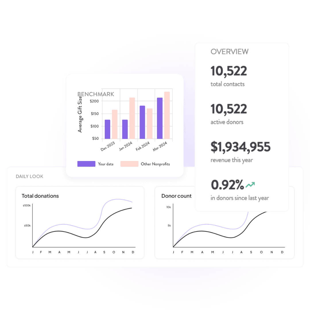 A selection of reports, including count of donor and donations, and benchmarks comparing the numbers to other nonprofit organizations.