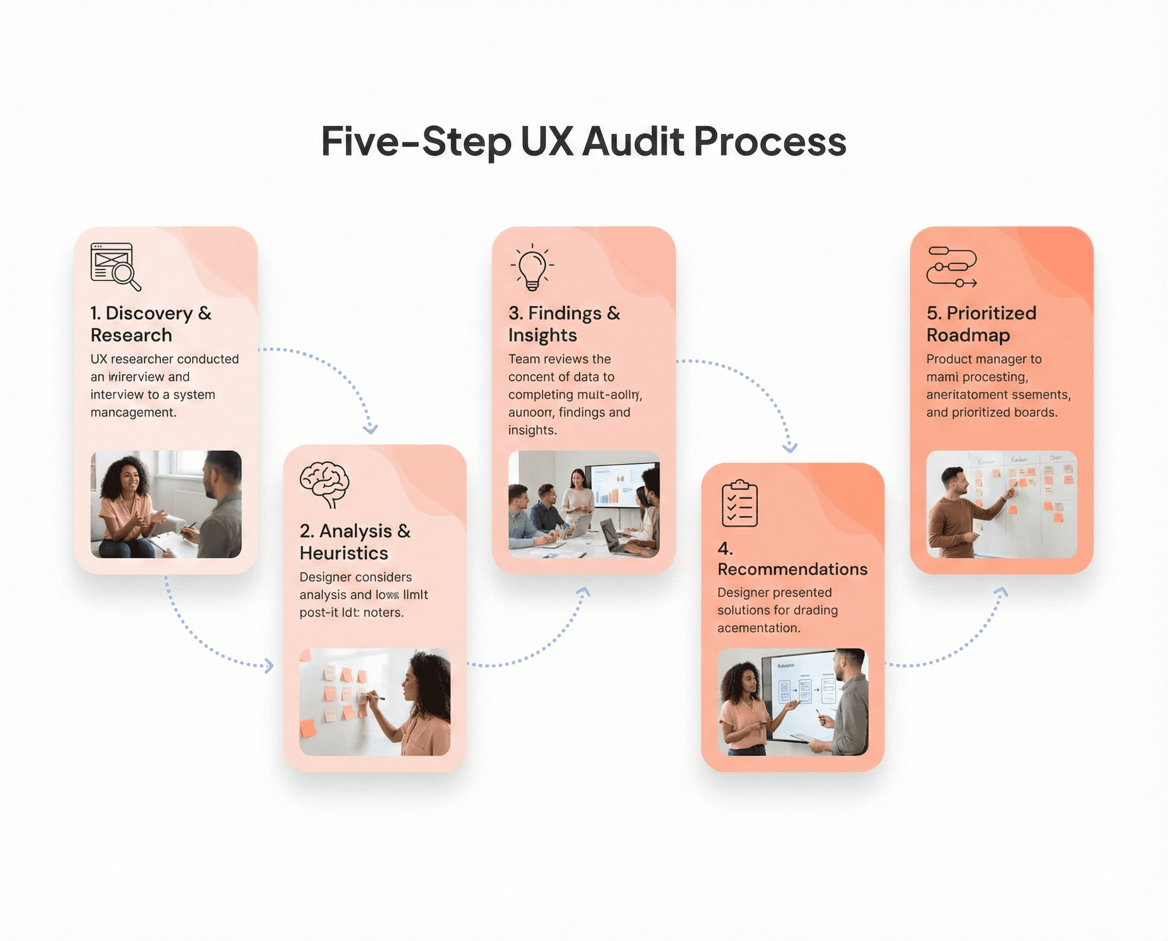 Five-step UX audit process diagram showing discovery, user behavior analysis, friction identification, prioritization, and strategic UX improvement roadmap.