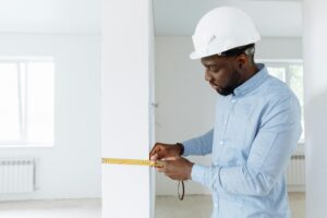 Construction worker in a white hard hat measuring the width of an interior wall with a tape measure — natural light floods the space, highlighting early-stage residential renovation or extension work.