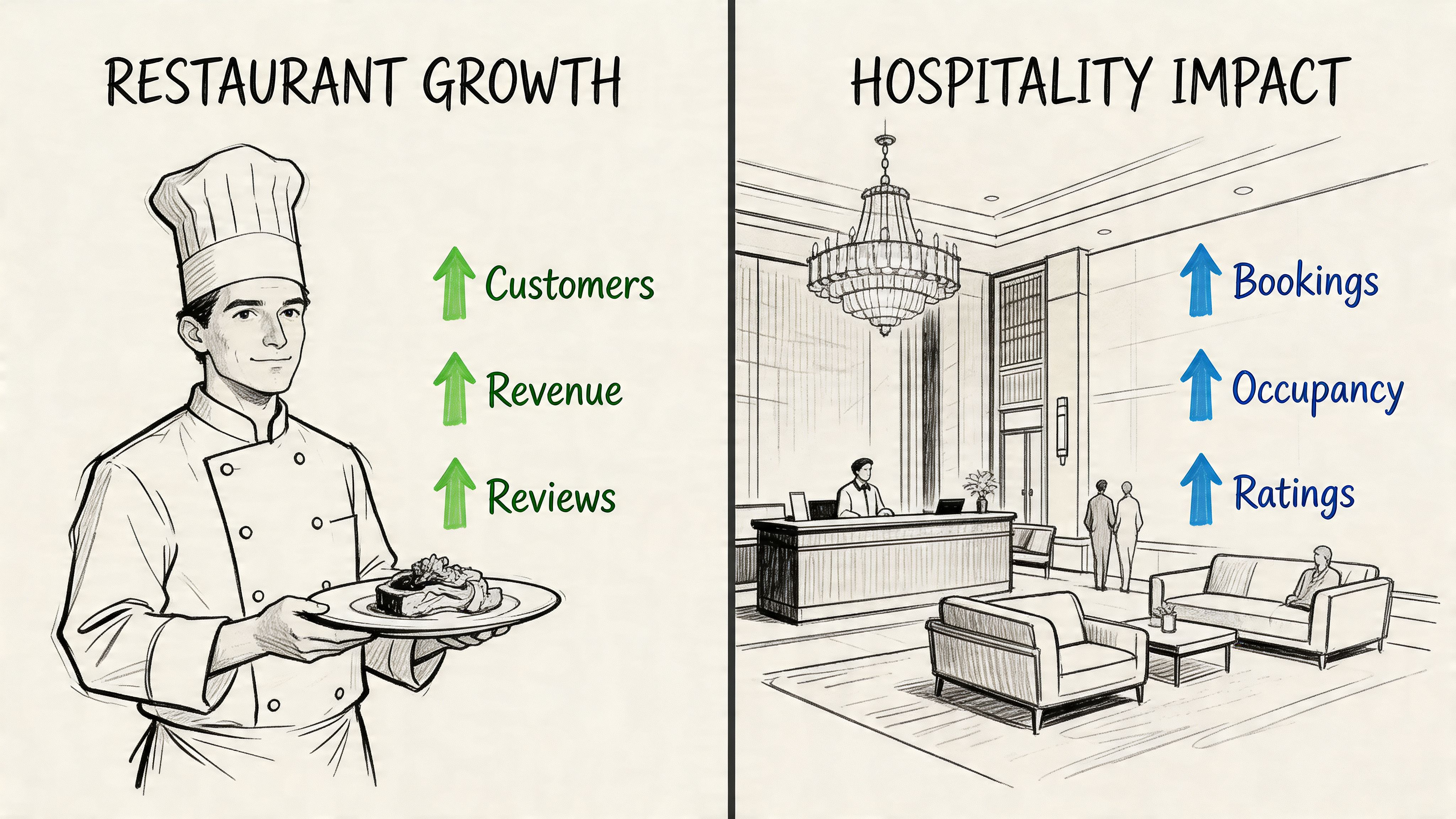 A split image showing a professional chef indicating restaurant growth and a hotel lobby indicating hospitality industry impacts.