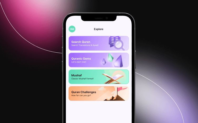 Quranly's Explore board where you can search the Quran, find Quranic gems, Mushaf, and Quran challenges.