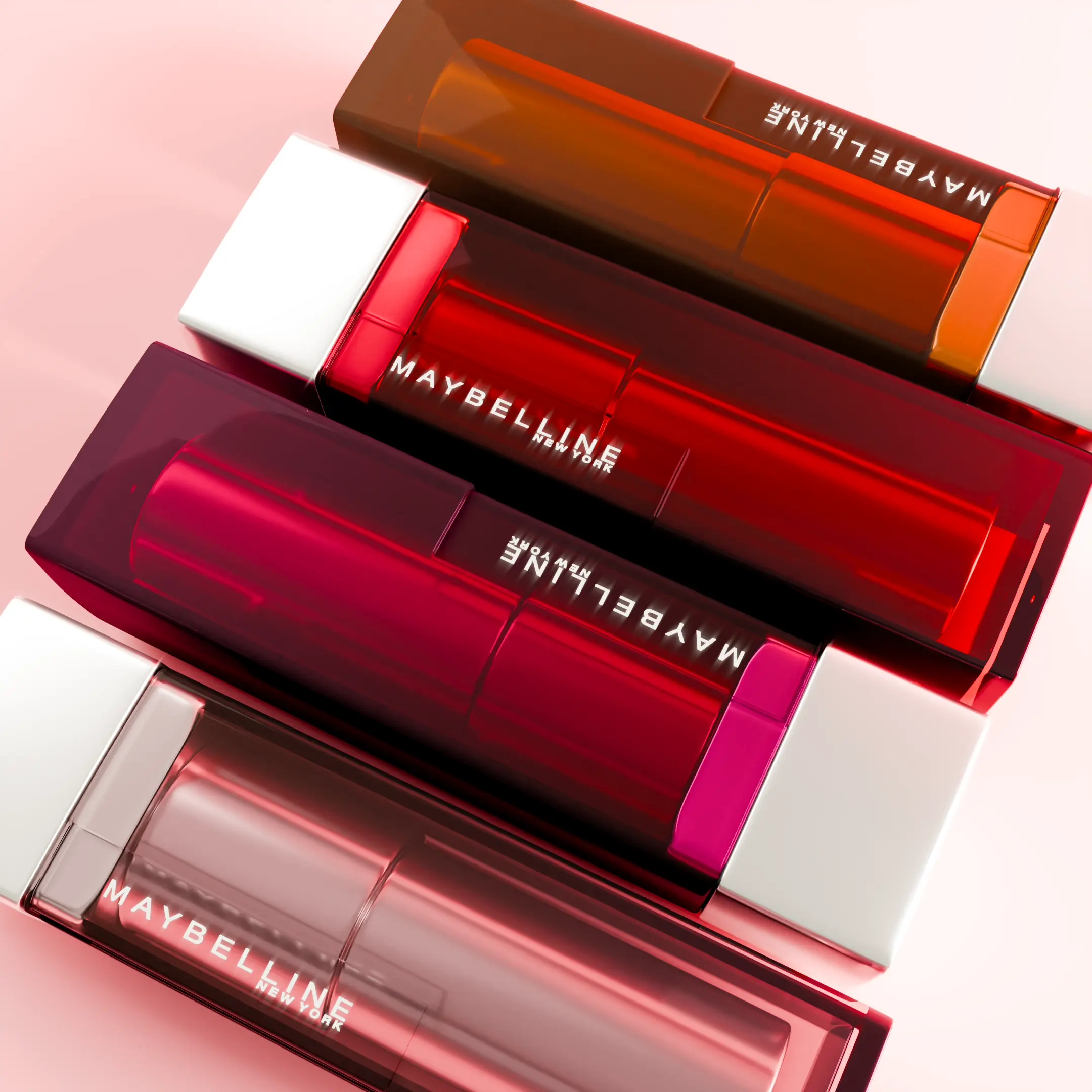 3D render of four Maybelline Newyork "Corlor Sensational The matte" Lipsticks with different colors variation