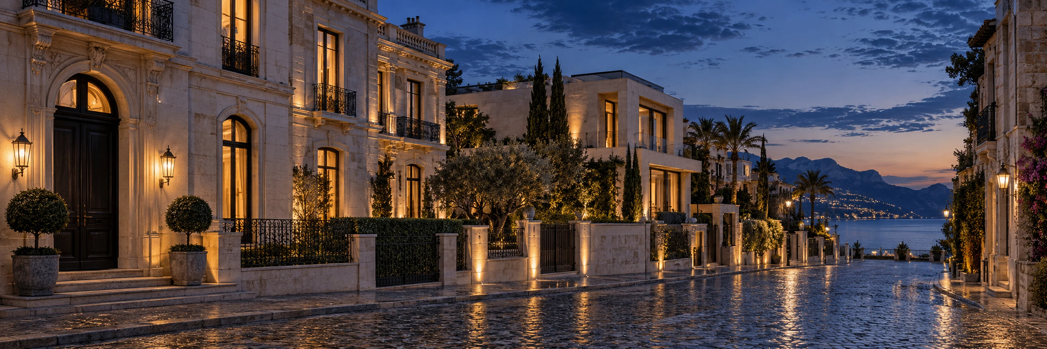 Blue-hour street of stone townhouses running down to the sea