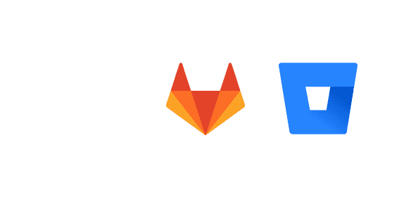 Logos of GitHub, GitLab, and Bitbucket, as examples of supported development platform integrations.