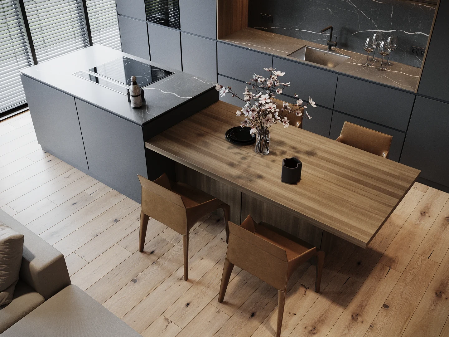 Étagère de cuisine avec vaisselle et verrerie du quotidien.