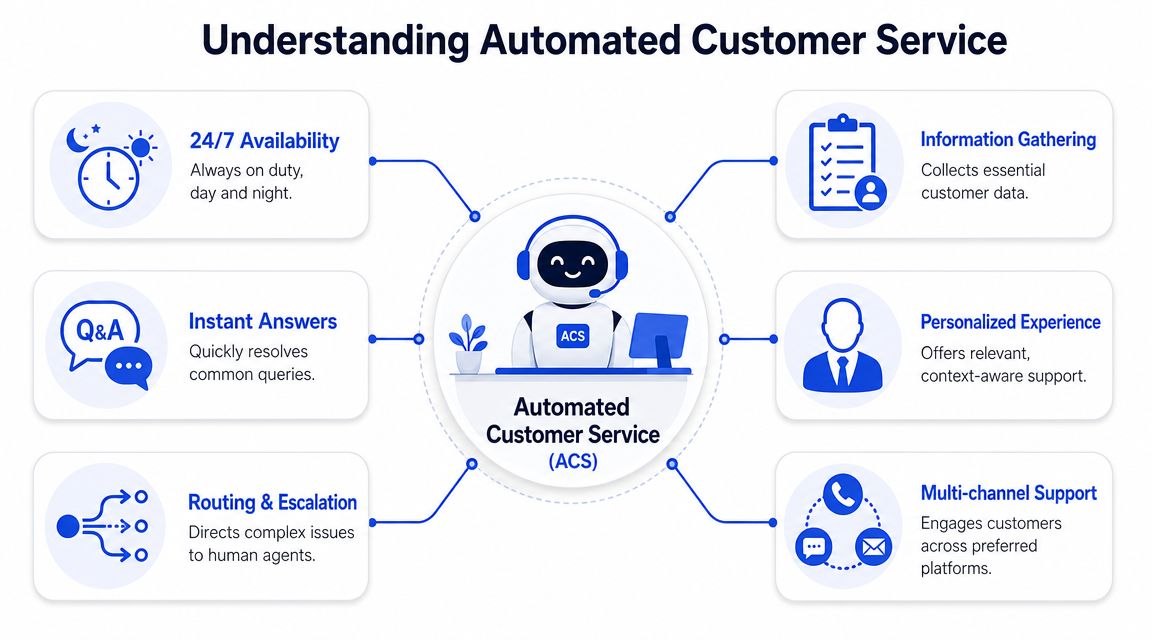 A diagram illustrating the benefits of automated customer service with a friendly robot character at the center.
