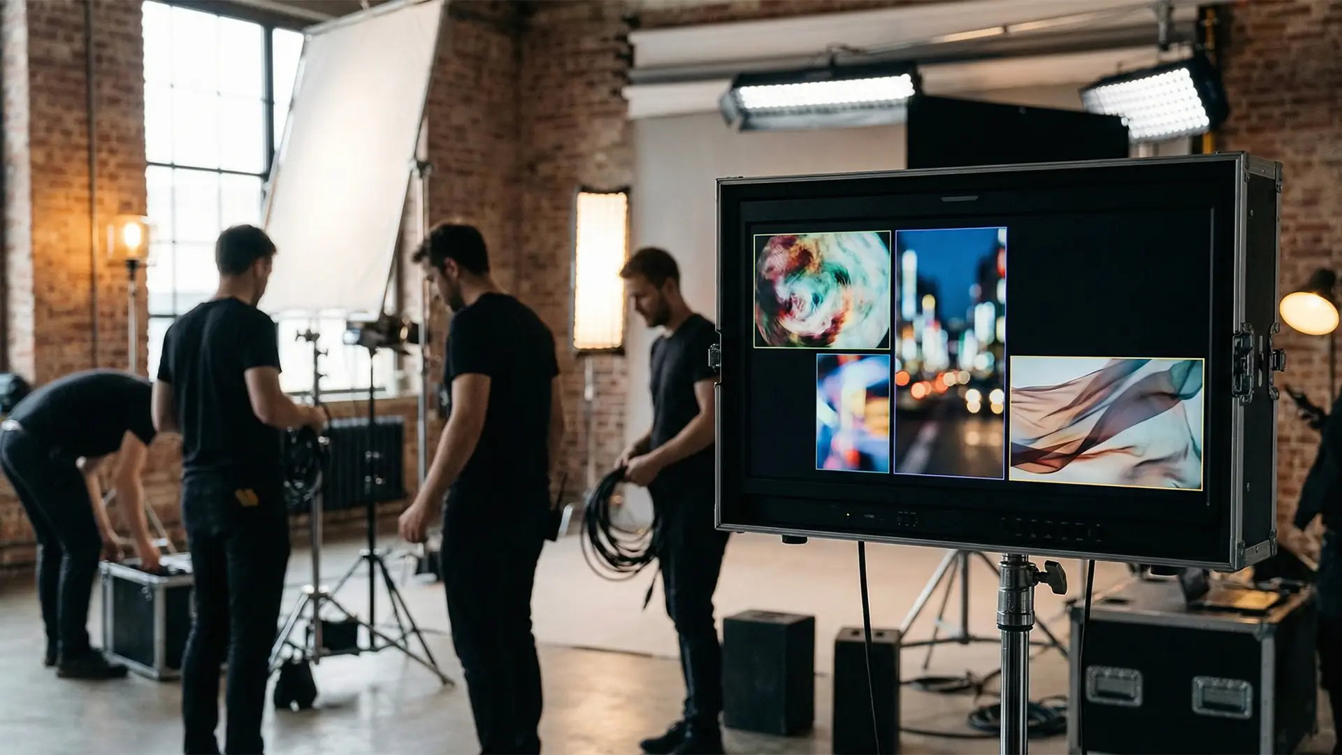 Studio monitor displaying abstract layout frames during a professional video shoot, with lighting and camera equipment softly out of focus in the background.