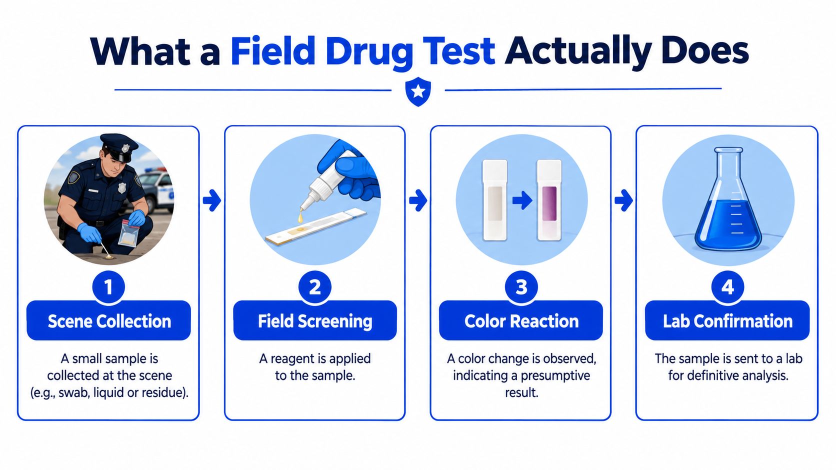 A four-step infographic illustrating the field drug testing process from scene collection to laboratory confirmation.