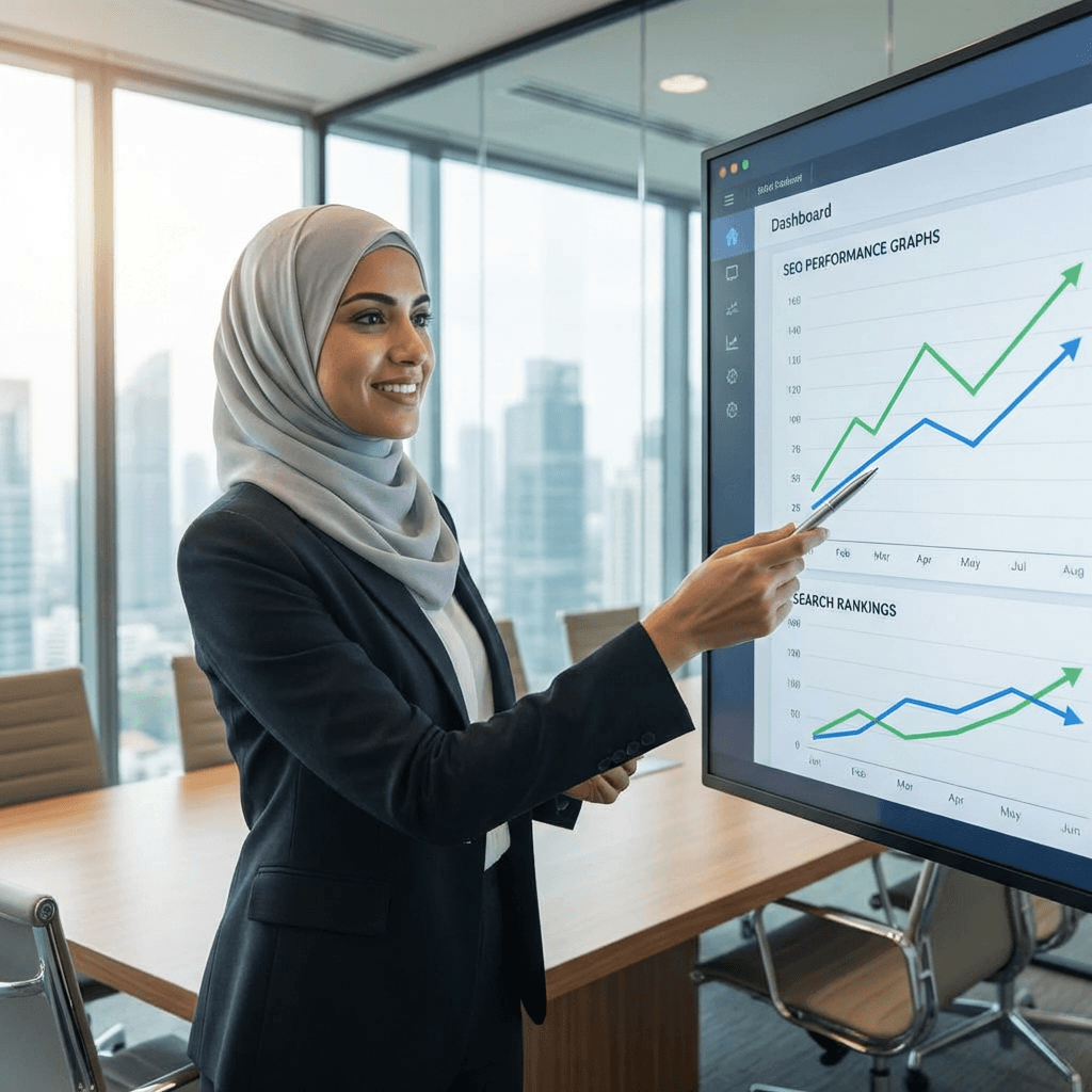 A Muslim female marketing director in a professional hijab presenting upward-trending search ranking graphs and data analytics during a meeting at our Muslim SEO agency.