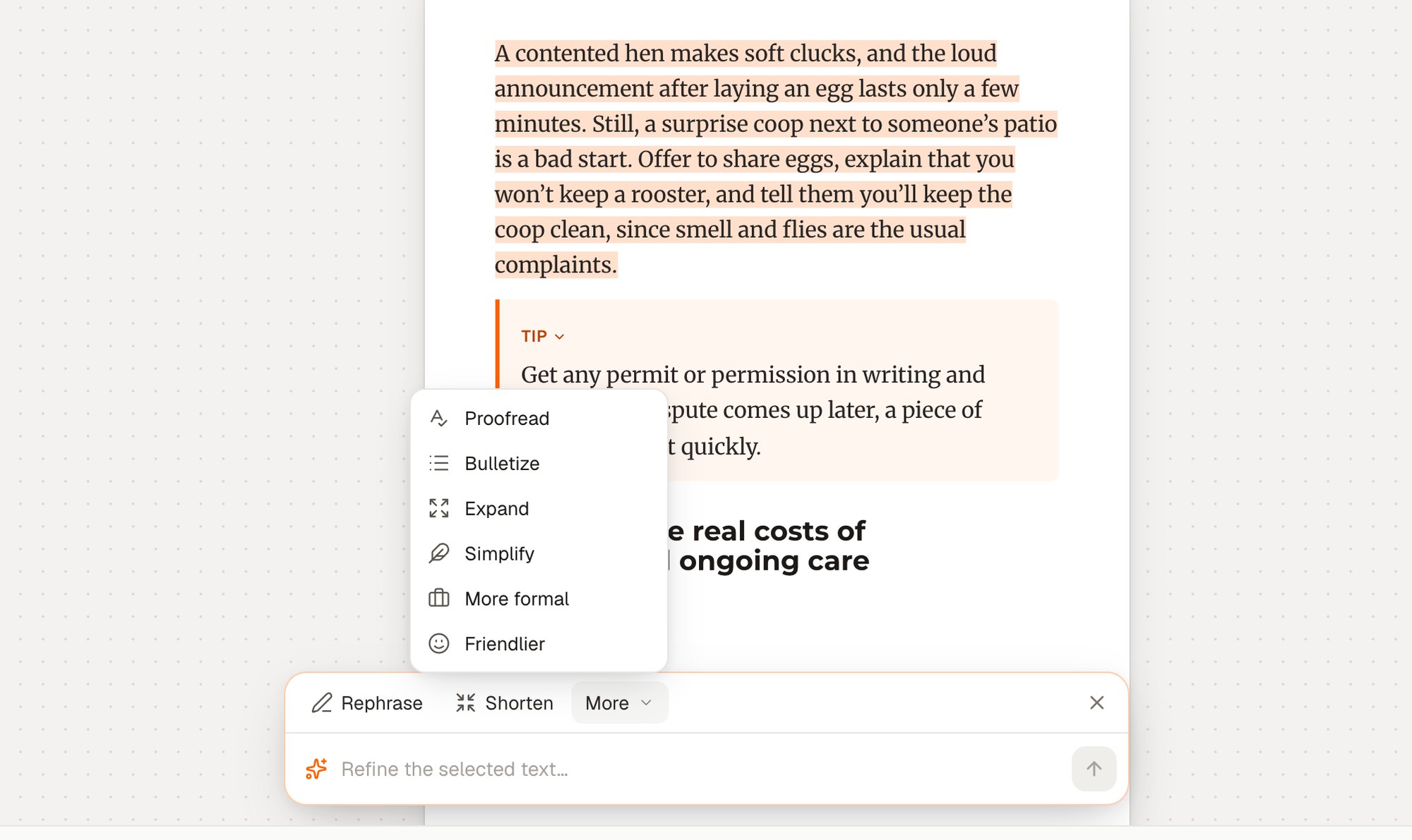 A paragraph selected on a book page, with Refine open below it: Rephrase, Shorten and More, and the More menu showing Proofread, Bulletize, Expand, Simplify, More formal and Friendlier.
