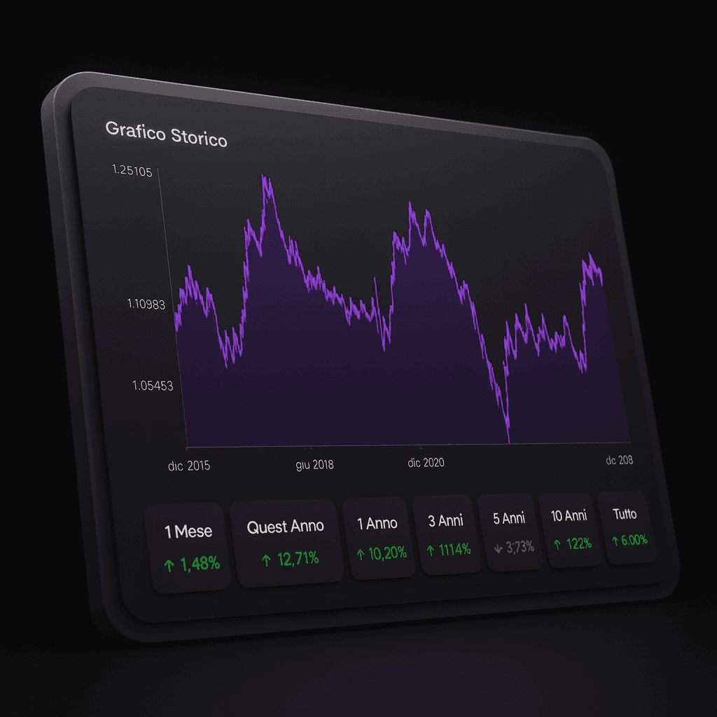Grafico storico di TotalTrade con andamento pluriennale del prezzo e pannello delle performance su 1 mese, 1 anno, 5 anni e 10 anni.