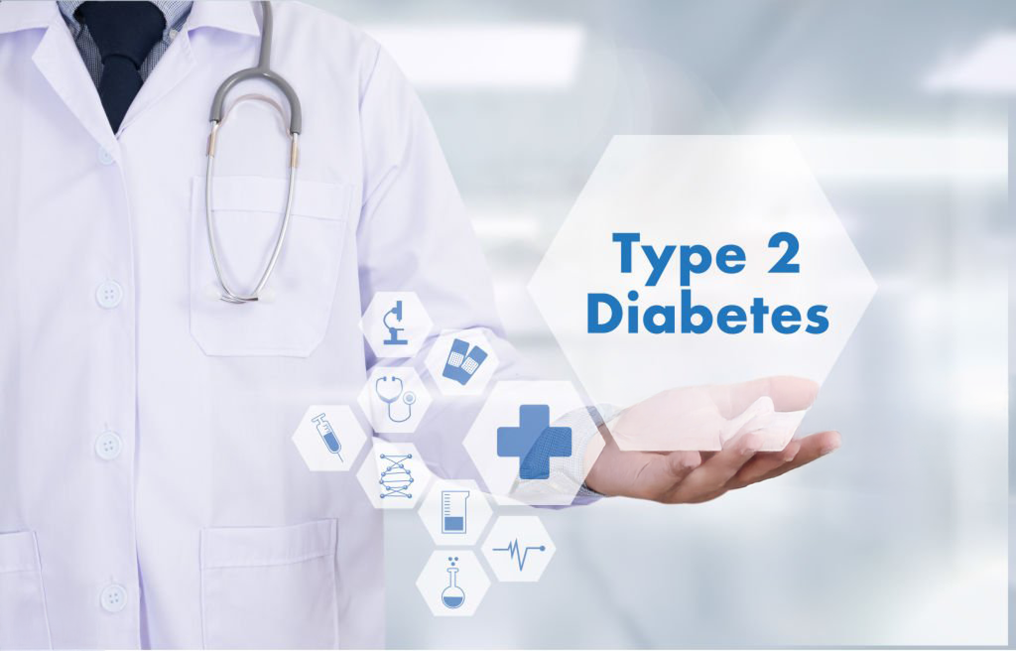 Doctor presenting a concept of Type 2 Diabetes with healthcare icons in a professional setting.