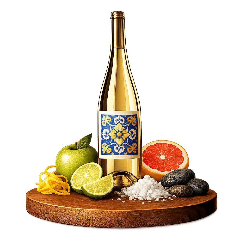 Artistic label and flavor profile for Portuguese Arinto on a rustic wooden table.