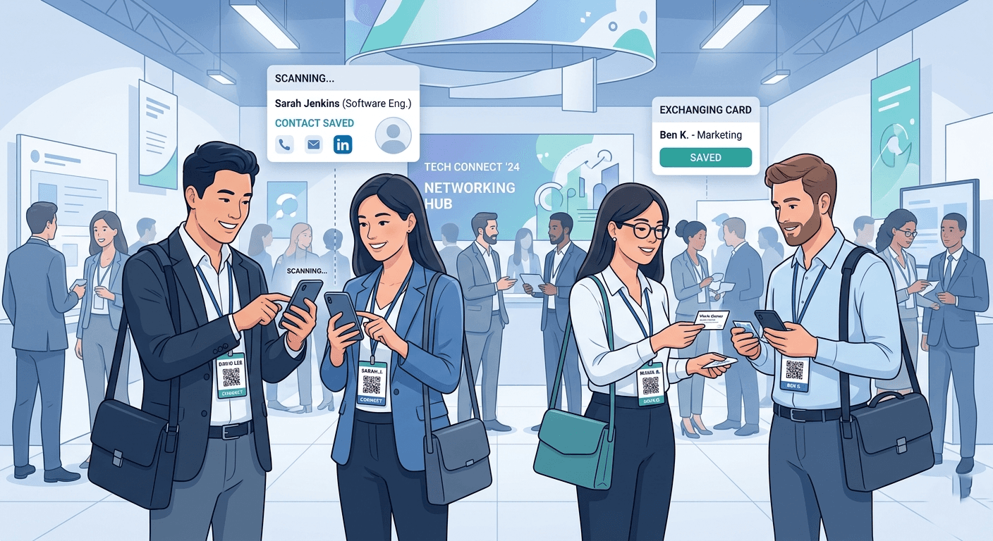 Trade show networking with business card and QR badge scanning using a mobile app