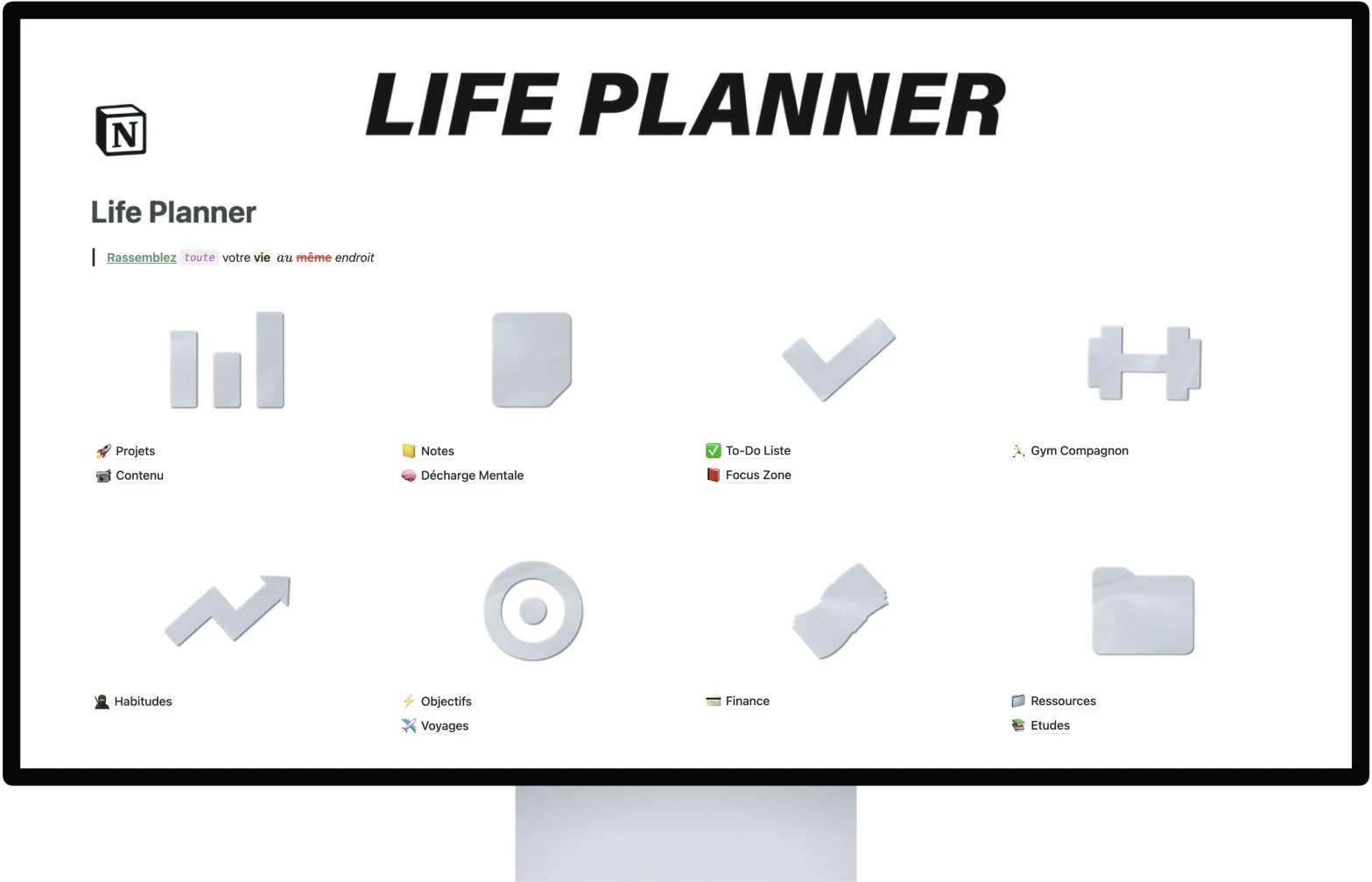 Page d'accueil du modèle Life Planner affiché sur un écran d'ordinateur, montrant ses 13 caractéristiques clés telles que le gestionnaire de projet, le suivi des habitudes, les finances, et plus encore, organisées en un seul endroit.