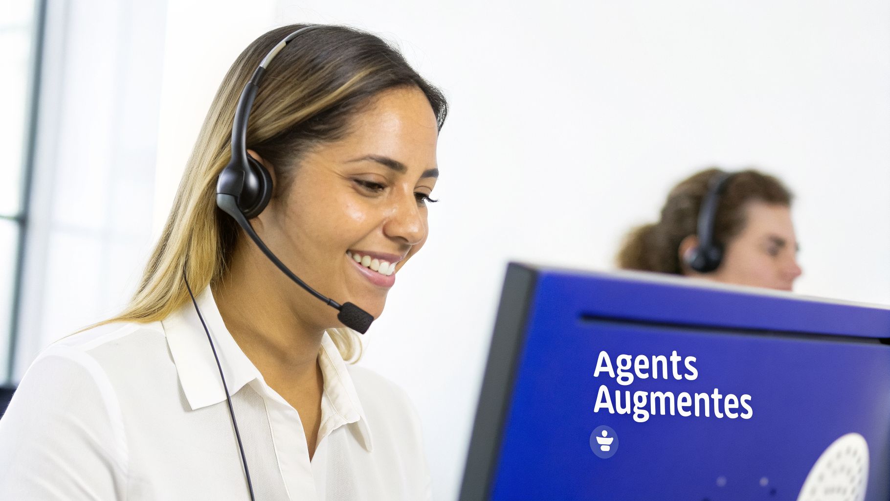 Une agente souriante avec un casque travaille devant un écran d'ordinateur affichant 