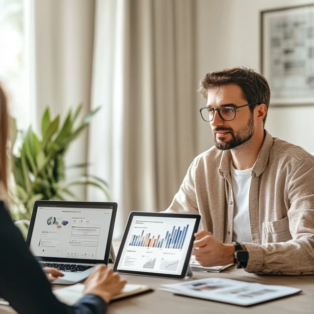 Réunion stratégique autour du développement d'applications mobiles, avec graphiques et outils collaboratifs sur ordinateurs.