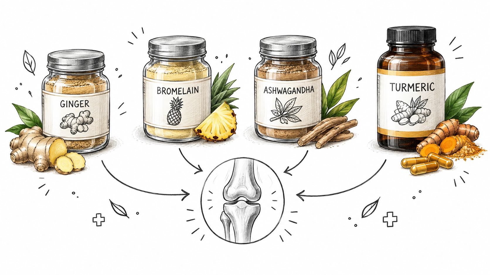 An illustration featuring natural supplements like ginger, bromelain, ashwagandha, and turmeric for healthy joint support.