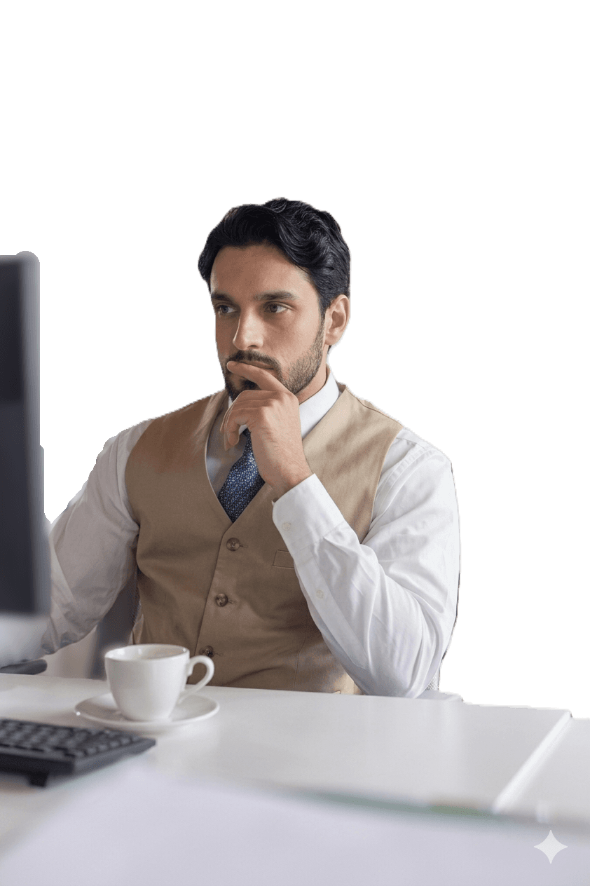 uomo ben vestito avanti ad un pc con mano ad altezza della bocca con farfe pensieroso