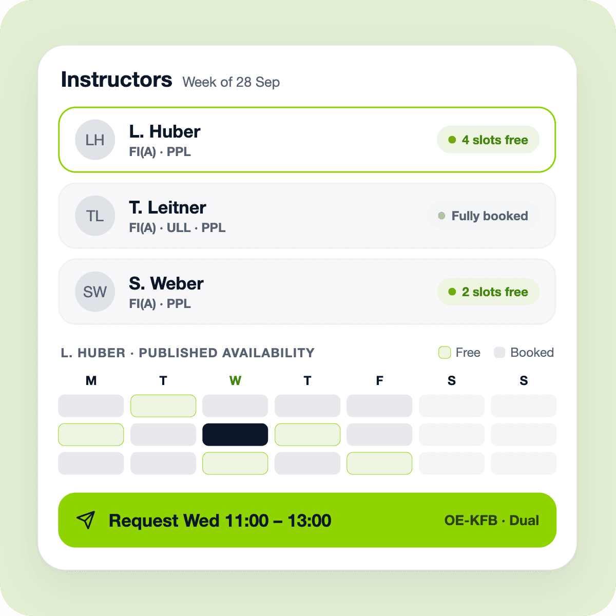 Flight instructor availability schedule in FLYLOG.io