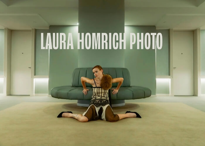 Fashion photographer brand identity for Laura Homrich Photo featuring an editorial portrait in a modern interior, showcasing clean typography and high-end visual direction.