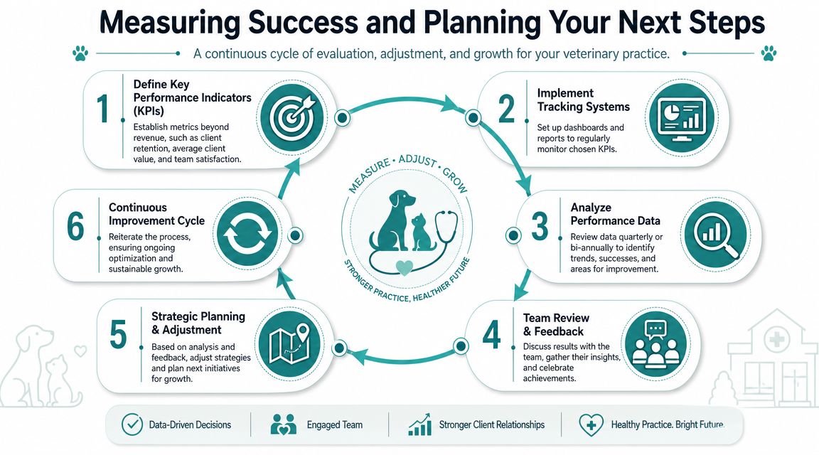 A six-step infographic illustrating a continuous cycle for measuring success and planning growth in veterinary practices.