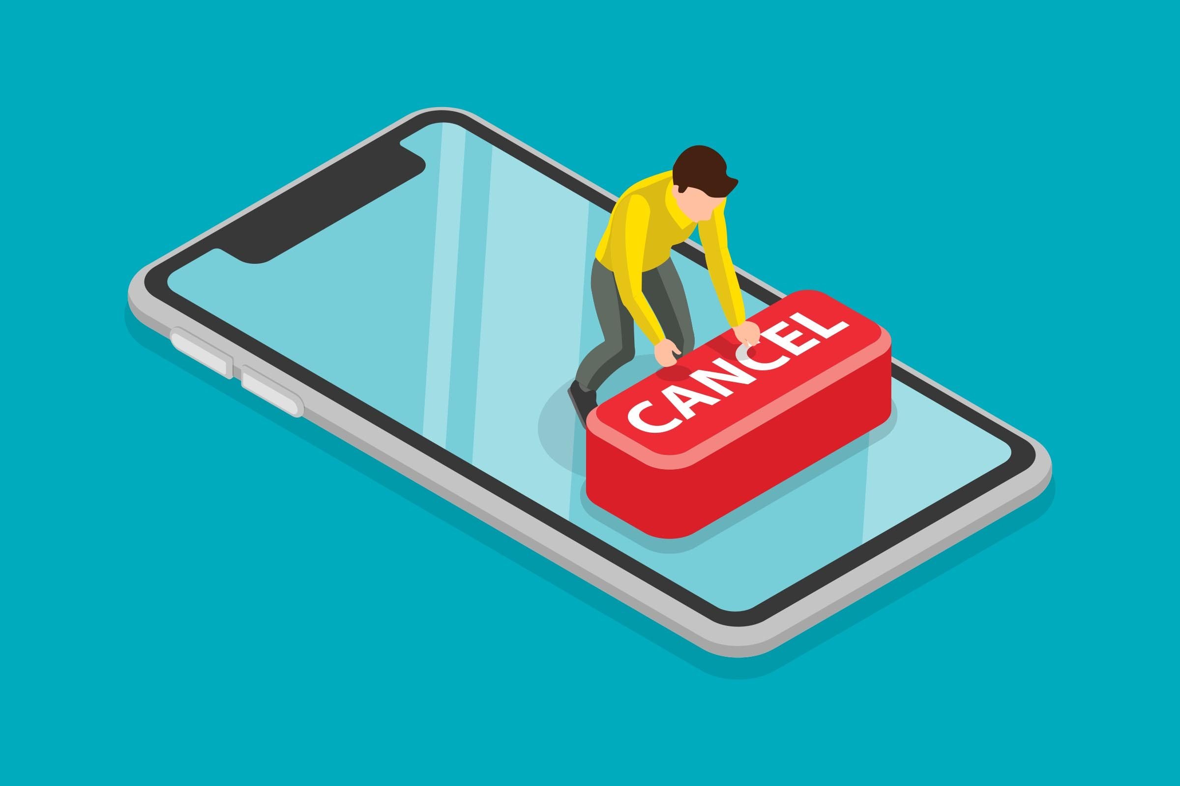 Illustration einer Person, die auf einem Smartphone einen großen roten Cancel-Button drückt – Sinnbild für einfaches Kündigen von Abos.