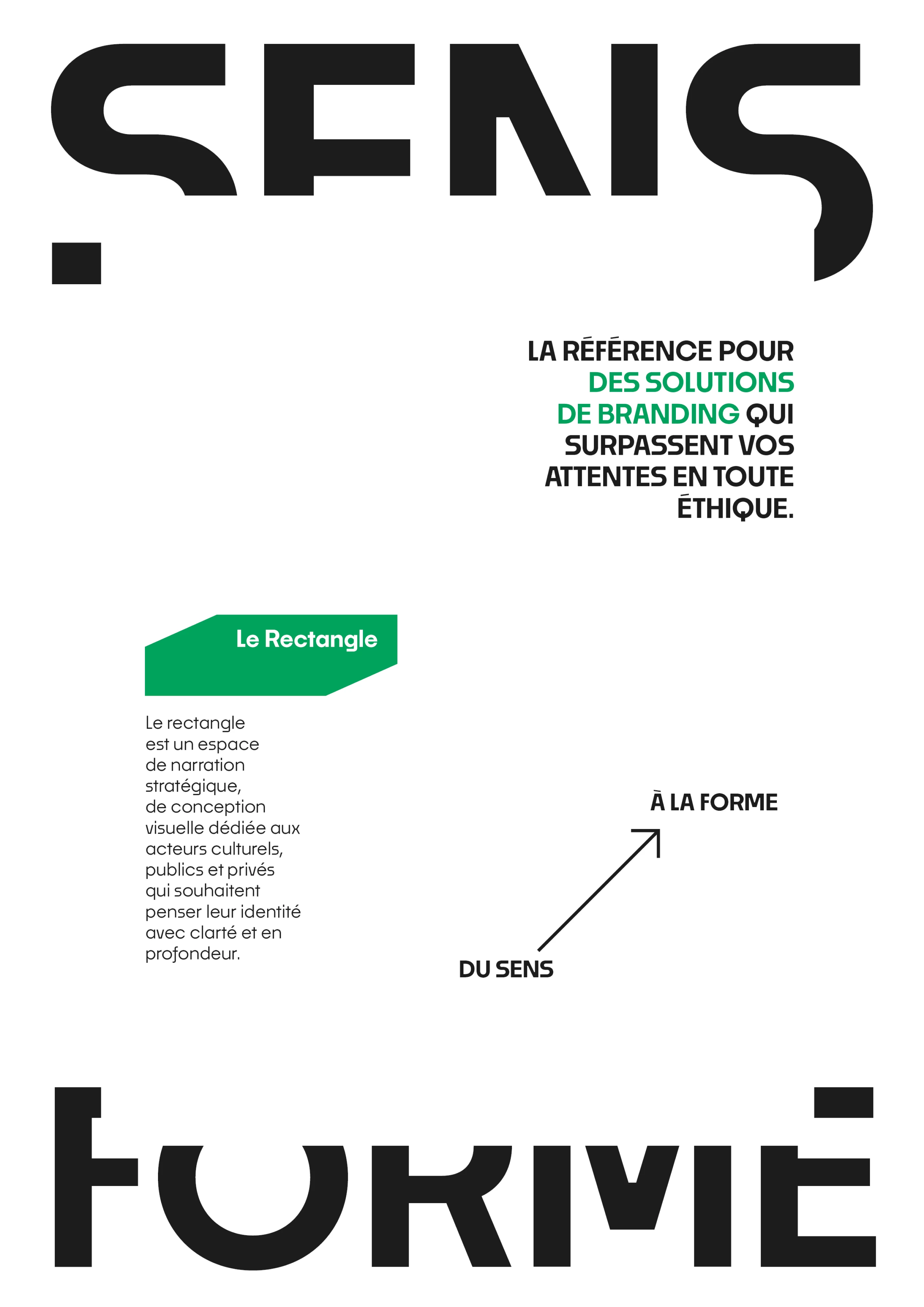 Mise en page typographique éditoriale en noir et vert, articulant le concept 'Du sens à la forme' et la typographie SENS / FORME.