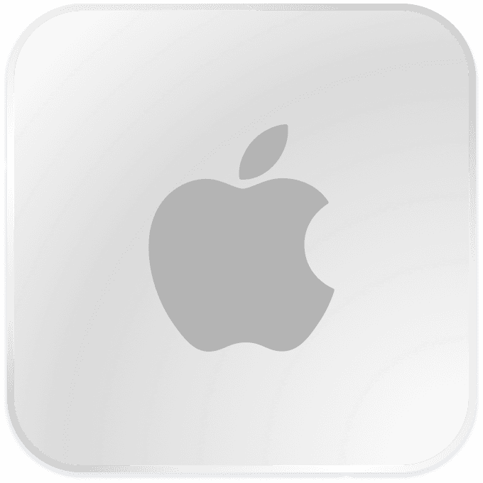 Apple logo in a simple, sleek design featuring a bitten apple silhouette in black and white.