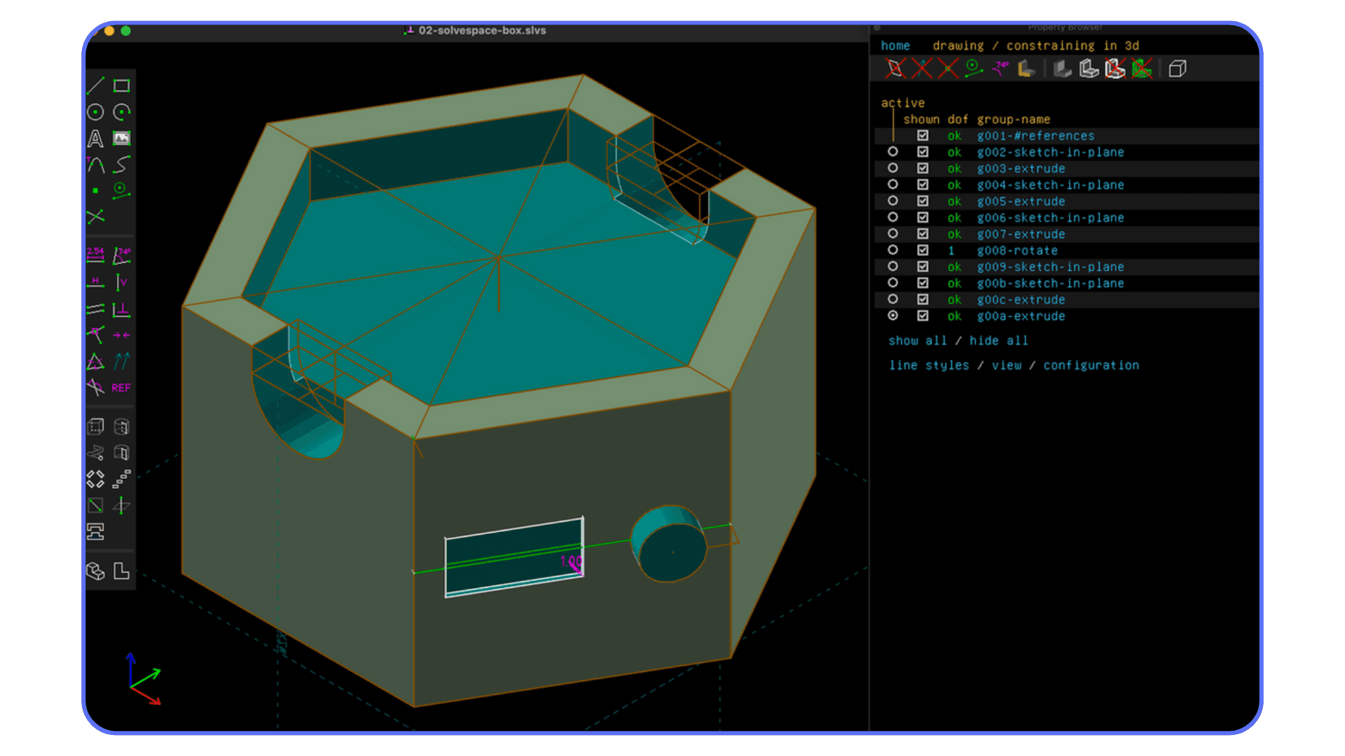 SolveSpace parametric CAD model driven by constraints and dimensions