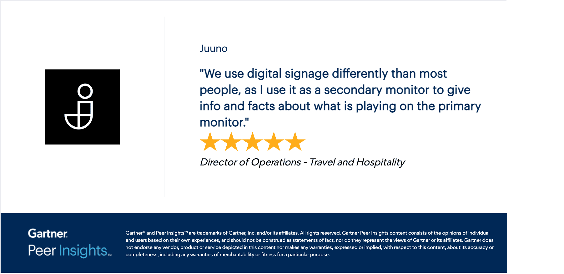 Gartner Peer Insights review snippet — Director of Operations in the Travel and Hospitality industry, 5/5 rating.