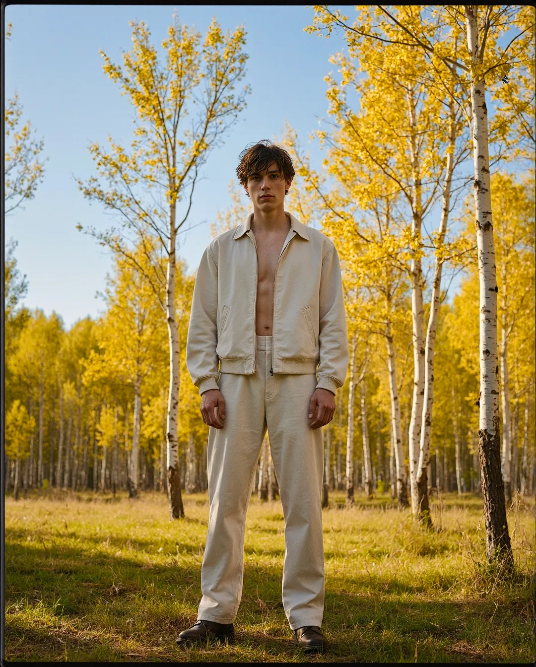 Figure in cream outfit standing centered in golden aspen forest, autumn foliage surrounds with striking color contrast against blue sky