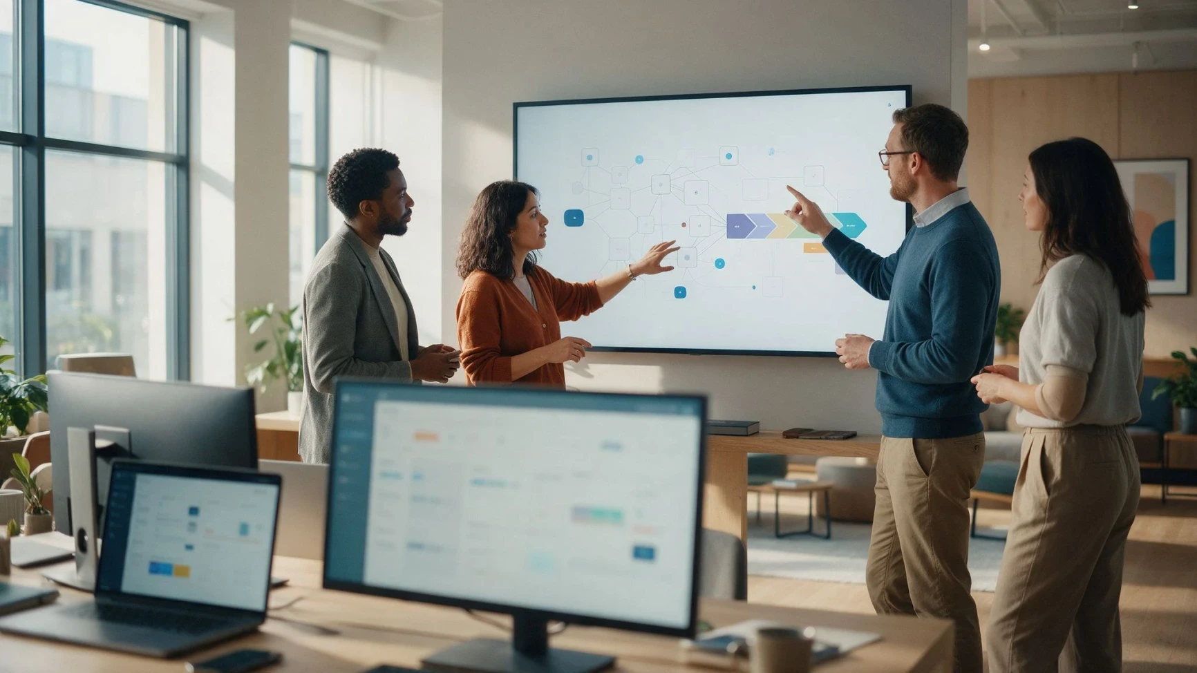 HR team reviewing a connected hiring workflow on a large screen in a modern office