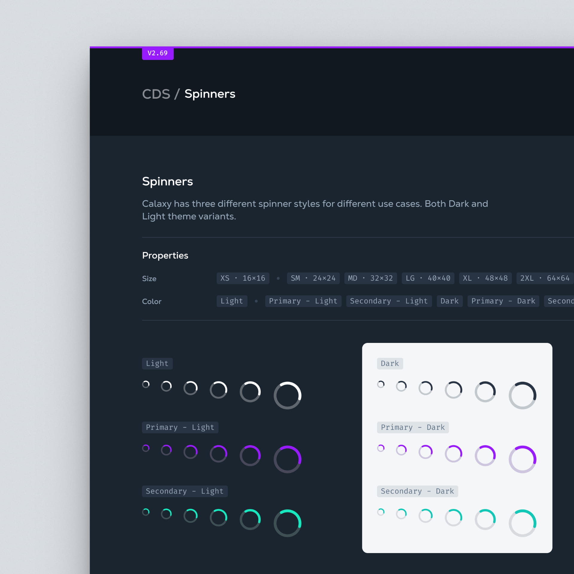 Calaxy Design System spinner components - loading indicator documentation showing 6 sizes (16px to 64px) across light, dark, primary, and secondary color variants