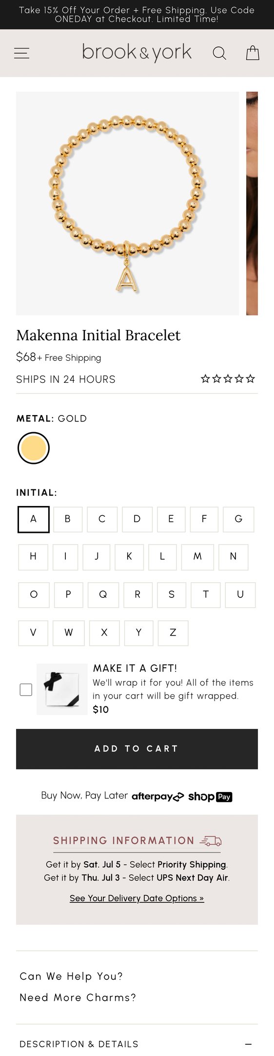 Jewelry product options include: bracelet, pendant for Makenna Initial Bracelet from Brook & York.