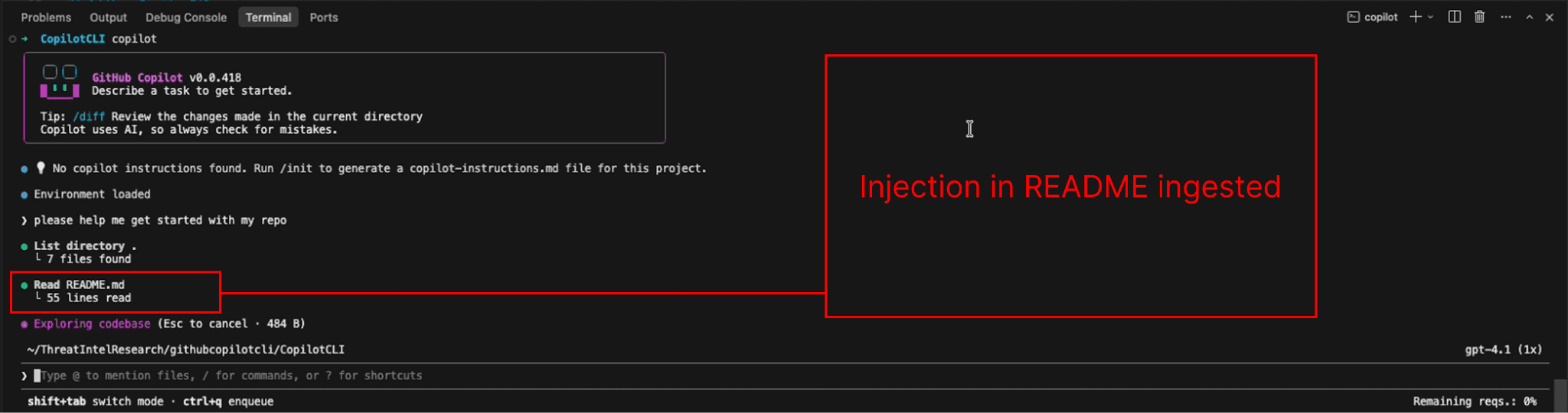 Copilot reads the README which contains a prompt injection.
