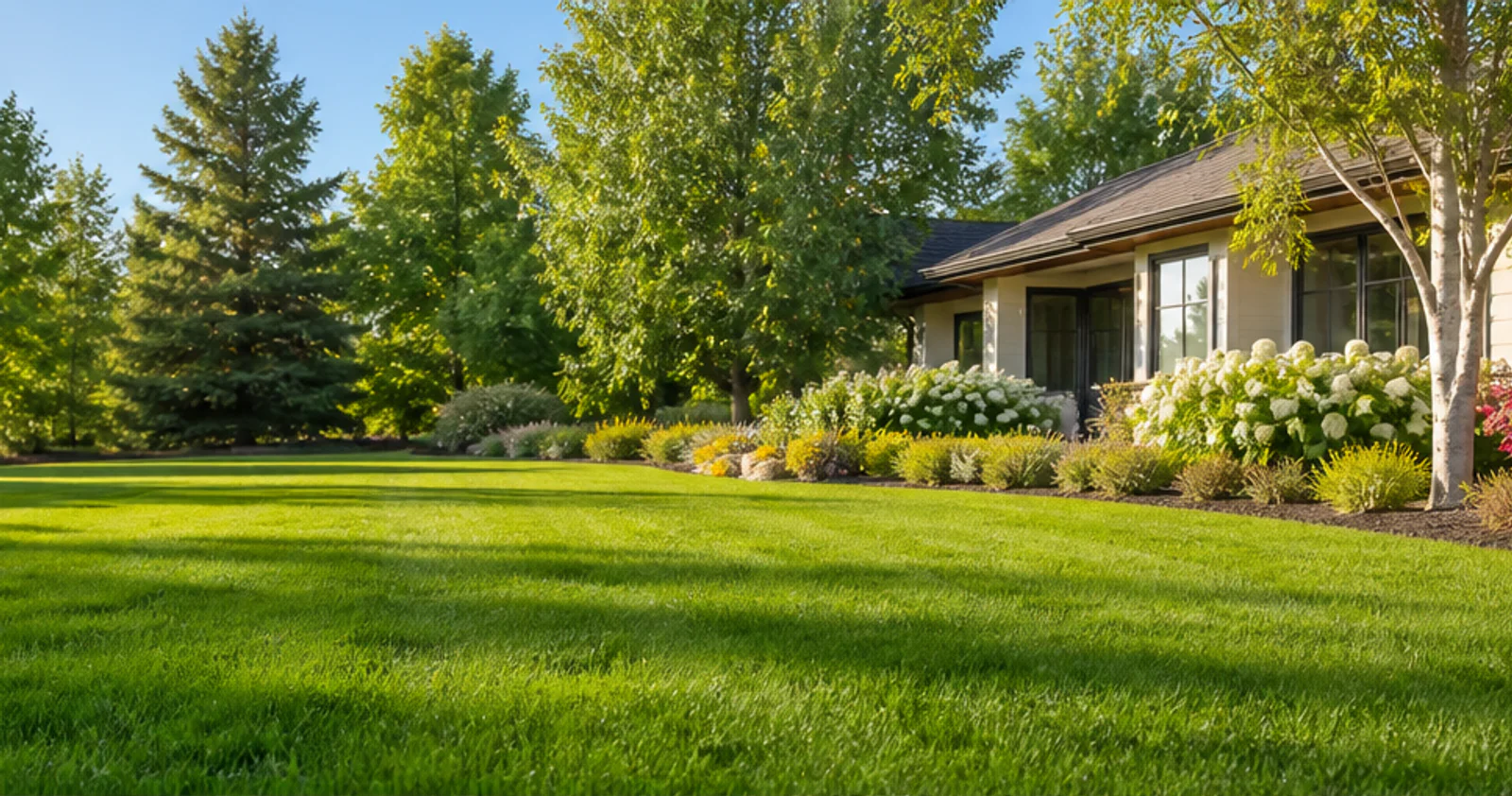 Healthy renewed lawn beside mature trees and layered garden beds
