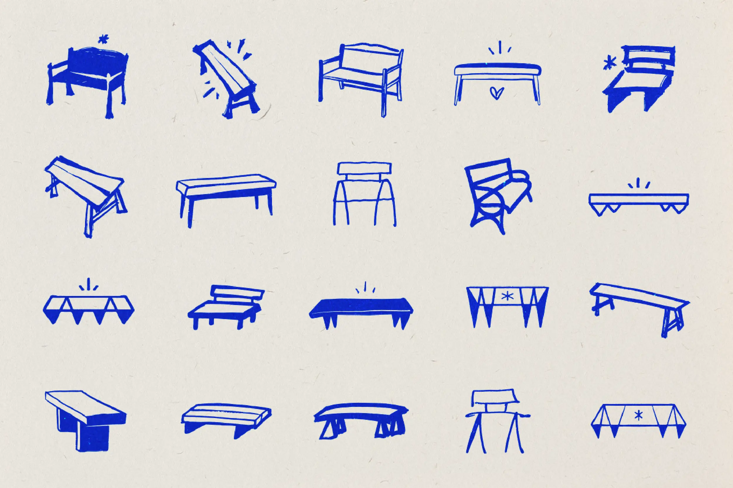 A grid of hand-drawn Benchside Burritos logo explorations in blue ink on light tan textured paper.