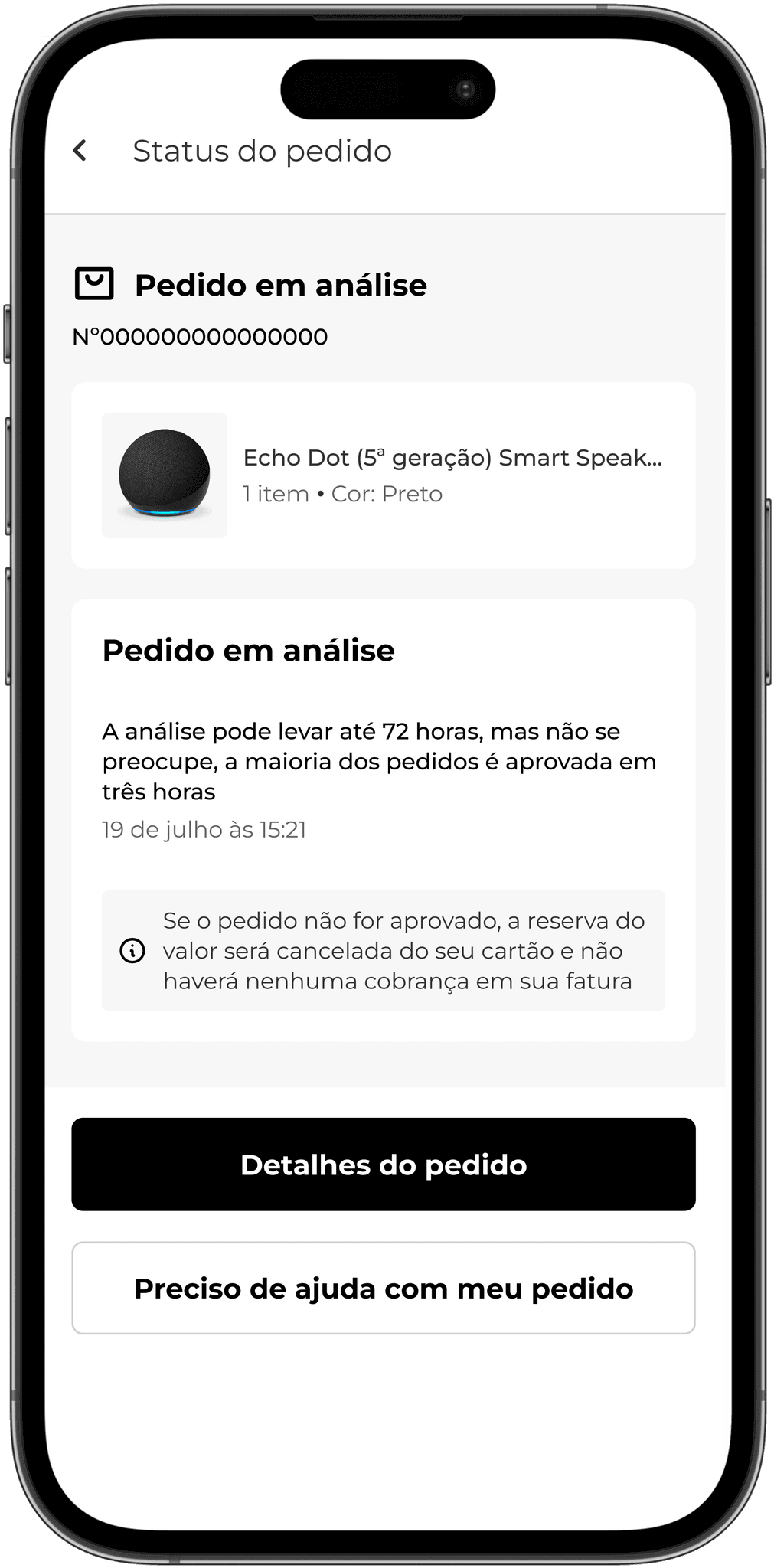 Página de pedido em análise, sinalizando ao usuário que o pagamento está sendo analisado e que, caso reprovado, não haverá cobrança no cartão de crédito.
