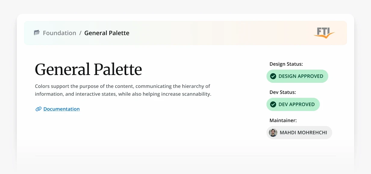 Documentation page header for the General Palette, showing design status, dev status and maintainer