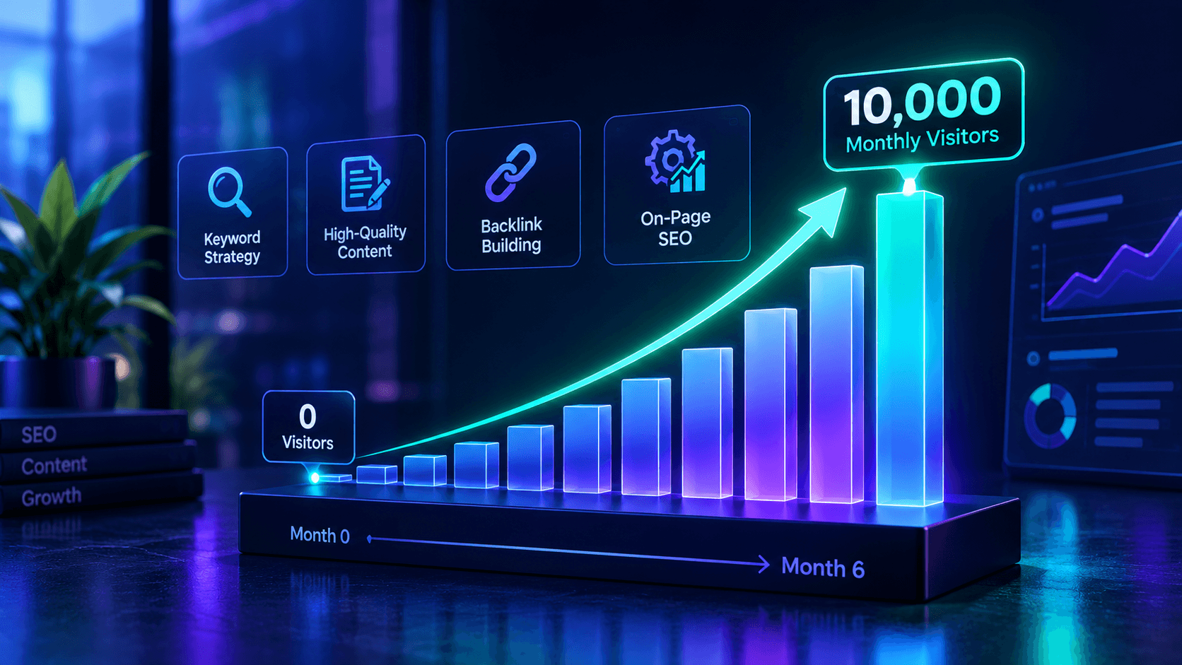 SEO growth case study showing website traffic rising from 0 to 10,000 monthly visitors over six months through keyword strategy, high-quality content, backlink building, and on-page SEO.