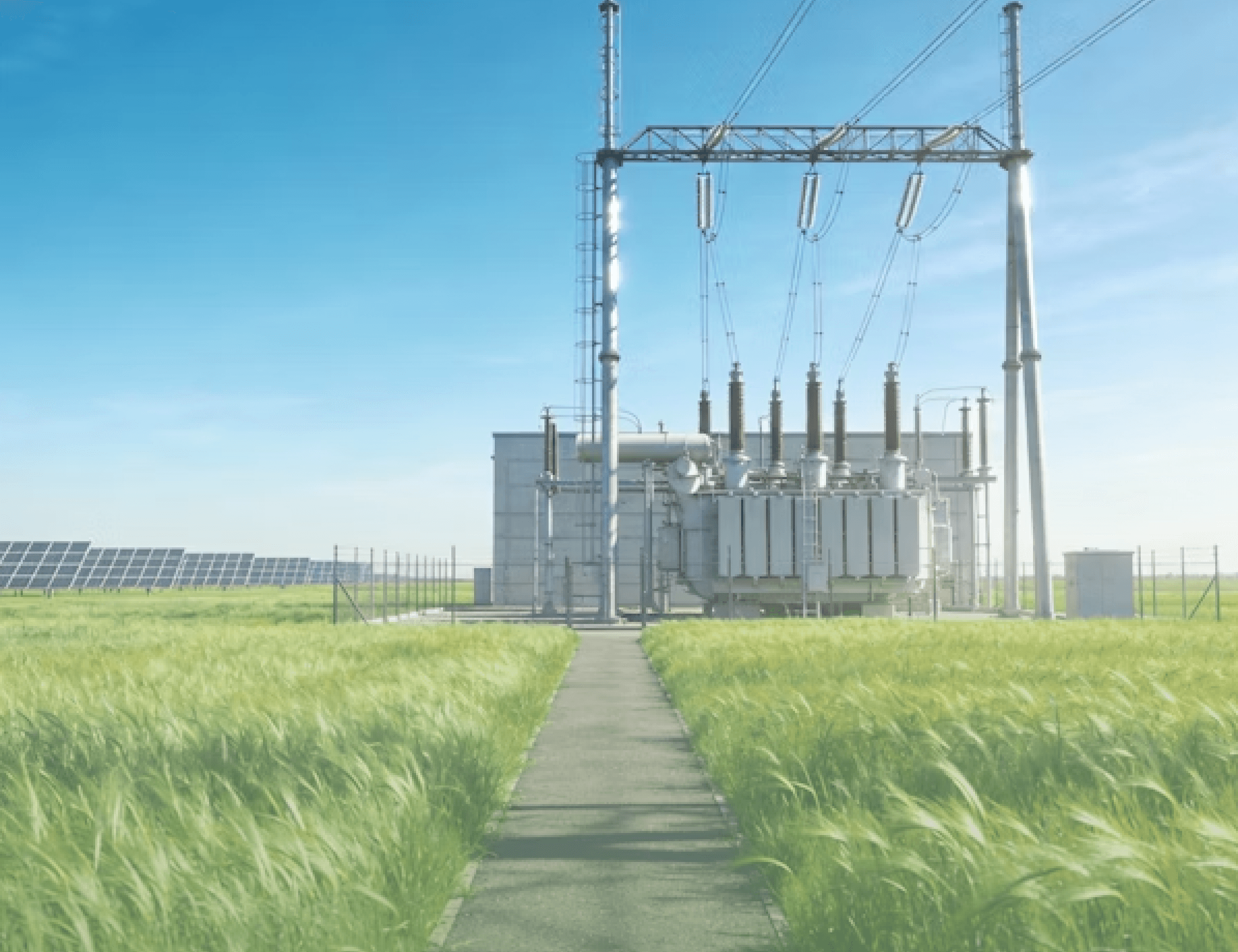 Solar panels and electrical substation in a field