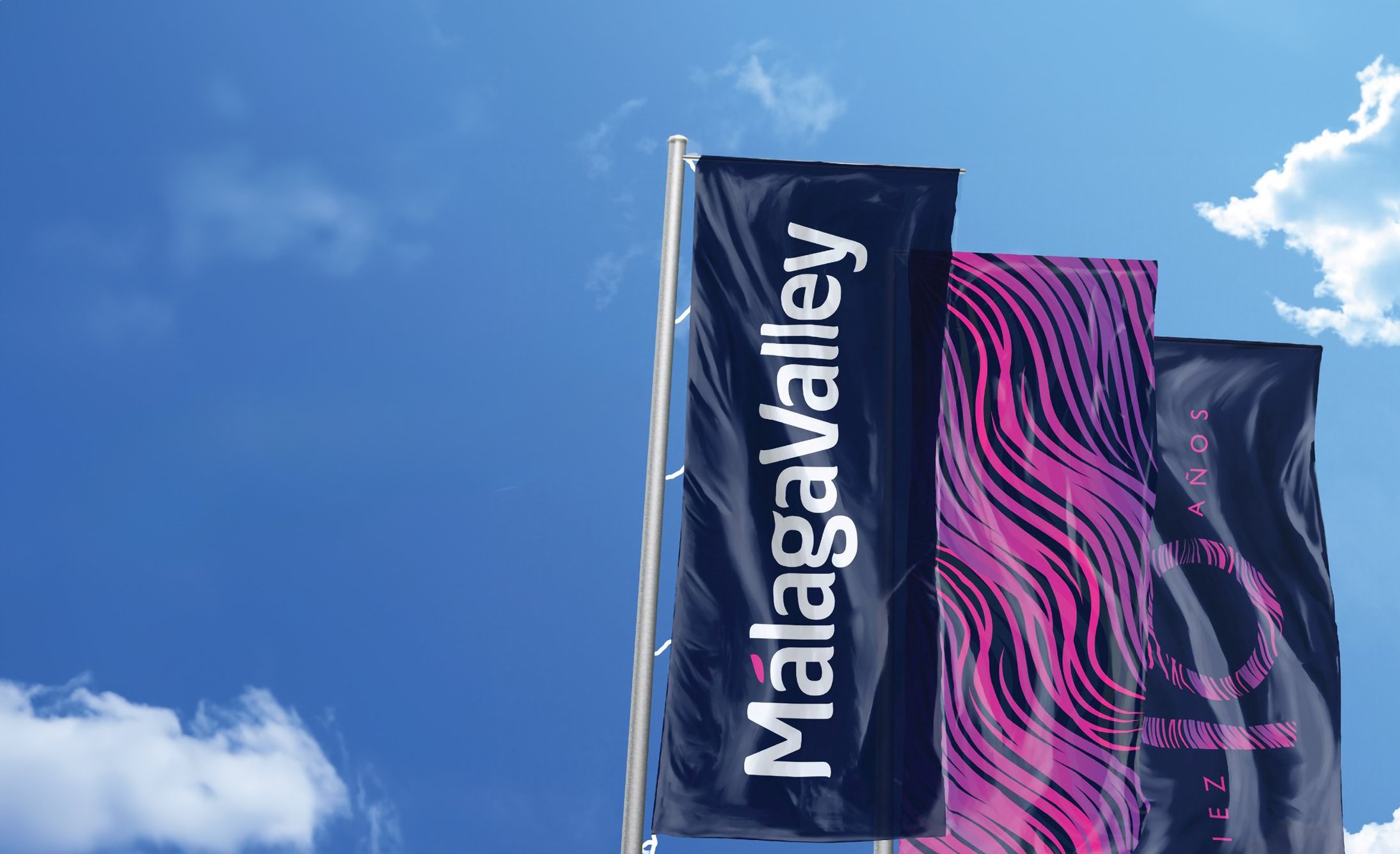 Flags waving against a blue sky. The first flag reads "Málaga Valley" in white on a dark background. The second has pink wavy patterns and text indicating a 10th anniversary.