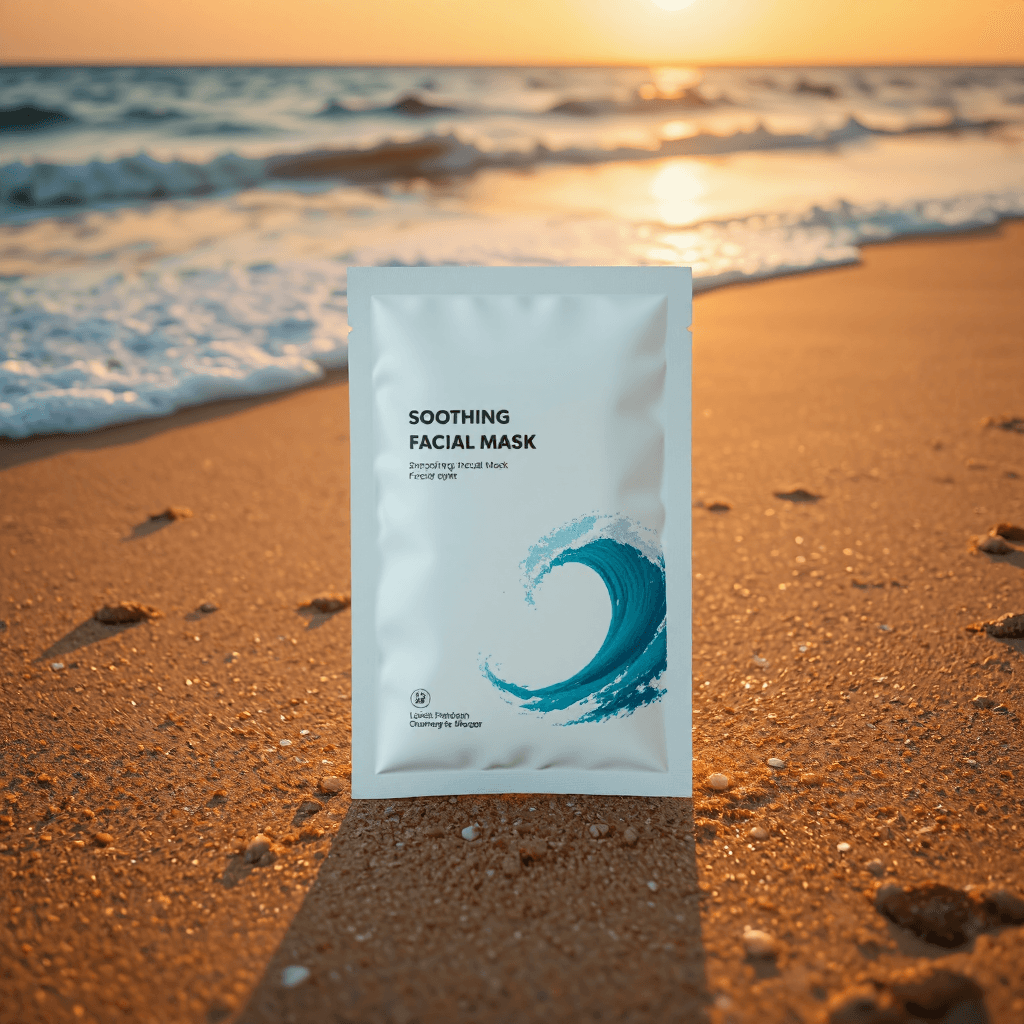 product photography of a packet of soothing facial mask