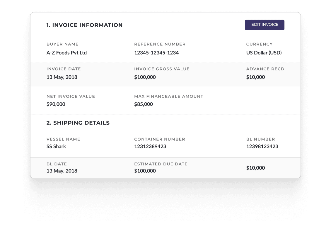 An invoice review summary card displaying invoice information such as buyer name, reference number, currency, and financial values, followed by shipping details including vessel name, container number, BL number, and estimated due date, with an "Edit Invoice" button.