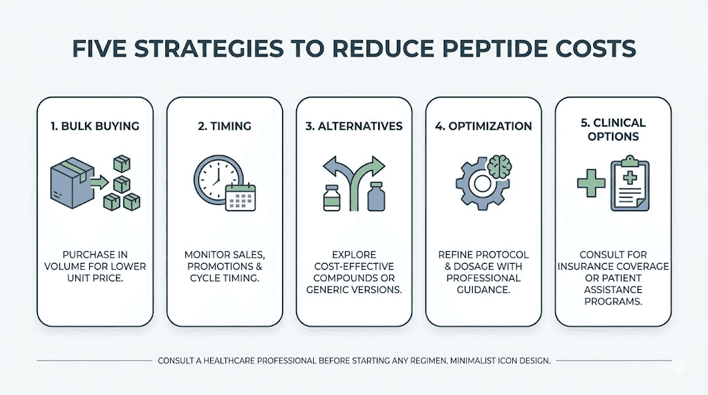 How to save money on peptides cost reduction strategies infographic