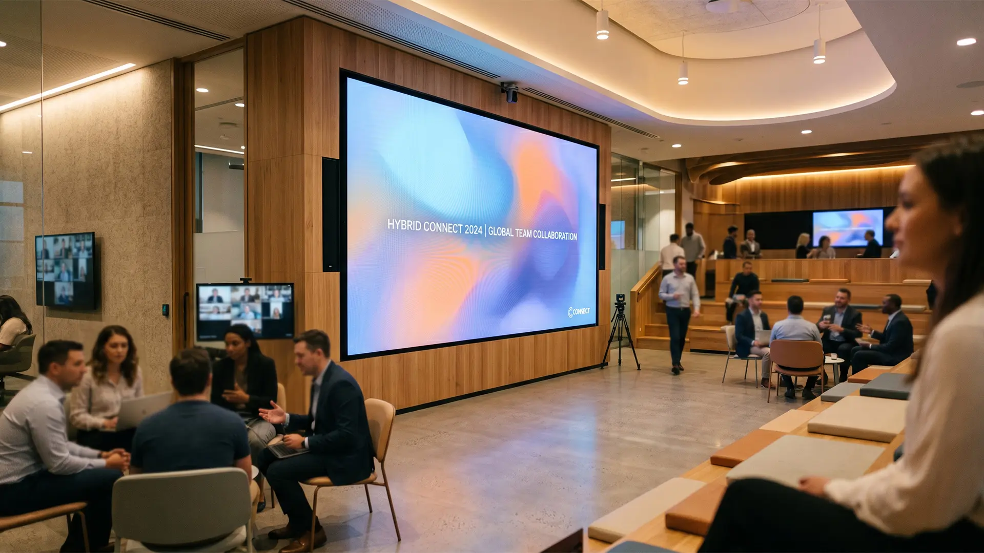 Contemporary hybrid collaboration space with large-format digital presentation screen and employees networking in a modern corporate environment.