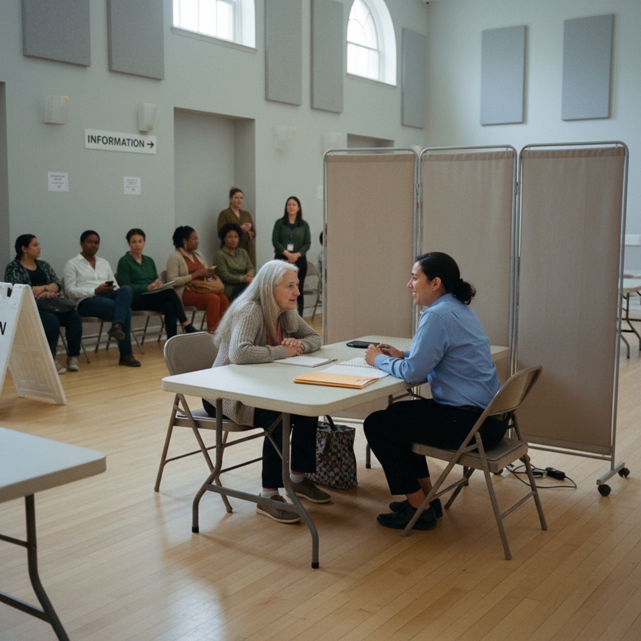 Ein temporärer Beratungsbereich in einem Gemeindezentrum: Klapptische, zwei Stühle, eine mobile Trennwand. Eine ältere Person spricht mit einem freundlichen Mitarbeiter, weitere Besuchende warten geduldig im Hintergrund. Tageslicht und dezente Beschilderung geben Orientierung. Alles wirkt organisiert, nahbar und gut vorbereitet für einen Außentermin.