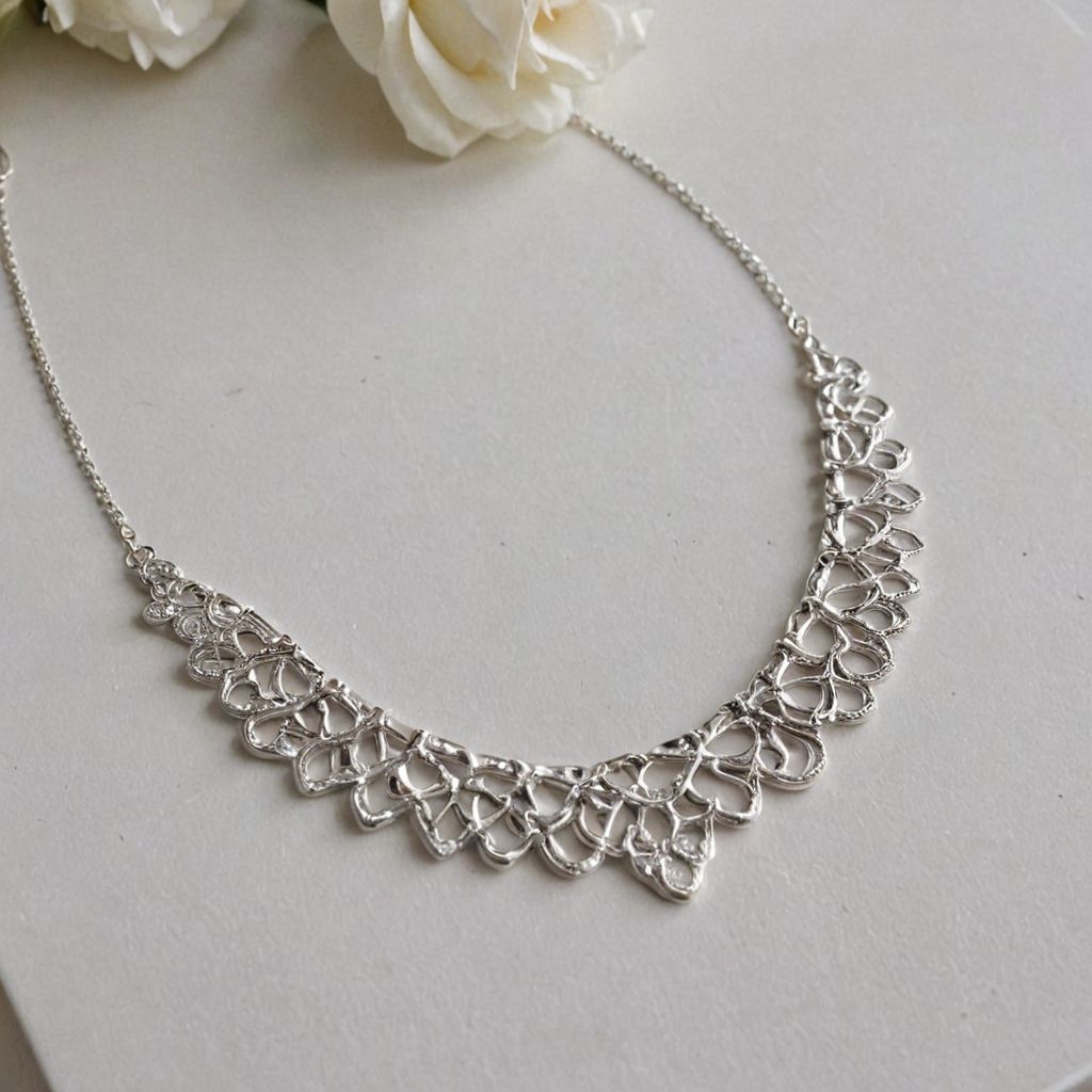 Silver patterned necklace on a grey background with a white flower, jewelry photo made with Caspa AI